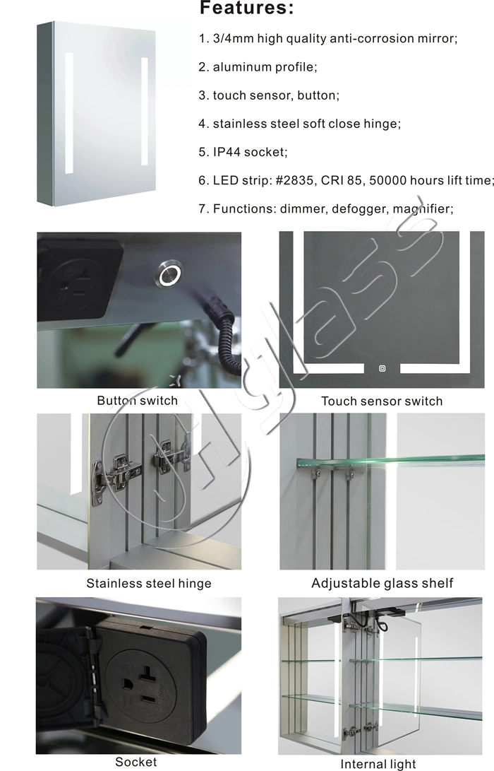 Hotel Wall Mounted Recessed One Two Three Door Medicine Bathroom Lighted Aluminum MDF PVC LED Mirrored Cabinet