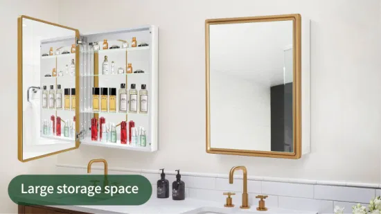 Bathroom Mirror Cabinet Gold Framed Wall Aluminum Alloy Waterproof Medicine Cabinet Northern Europe Storage Hanging Cabinet with Single Door for Toilet Kitchen