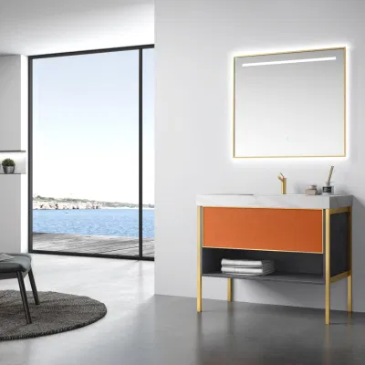 Floor Standing Brass Leg Yellow Bathroom Vanity Cabinets for Inns Projects