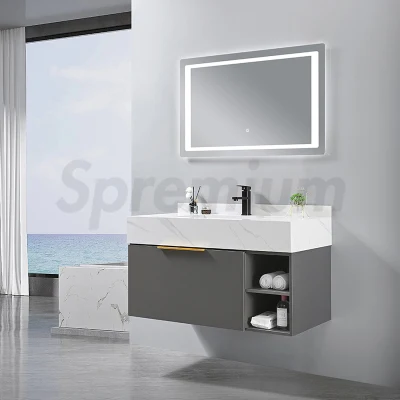 Modern Wall Mounted Matte Black Slate Bathroom Cabinet Vanity Set Single Sink Floating Vanity with Mirror